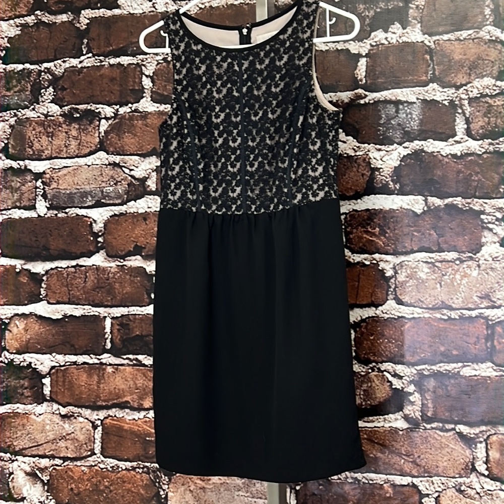 Ann Taylor 0 Loft Dress Black Tan Knee Length Lace Sleeveless Round Neck